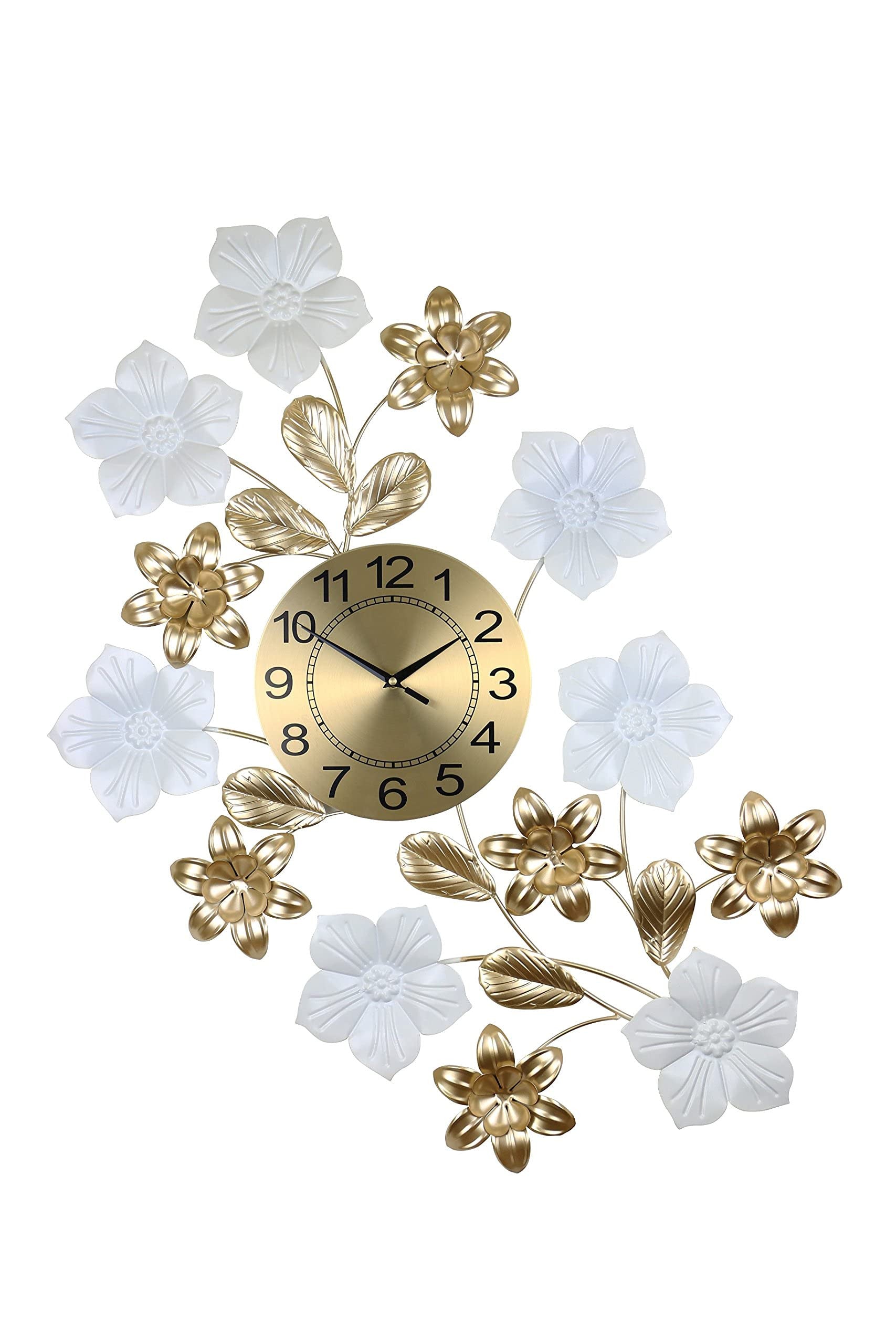 26" Gold White And Black Metal Silent Analog Floral Wall Clock-2