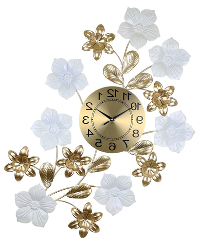 26" Gold White And Black Metal Silent Analog Floral Wall Clock-4