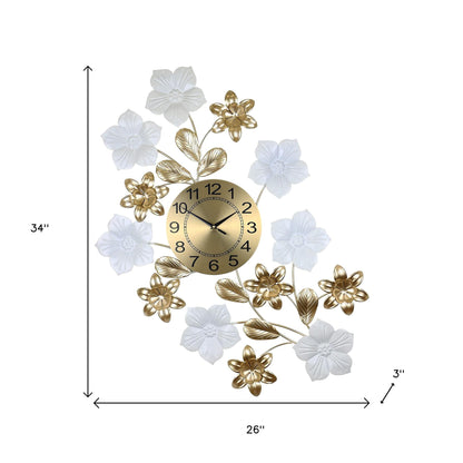 26" Gold White And Black Metal Silent Analog Floral Wall Clock-5
