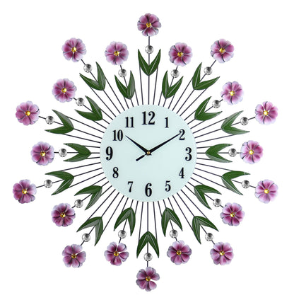 27" Purple Green And White Metal and Glass Silent Analog Floral Round Wall Clock-1