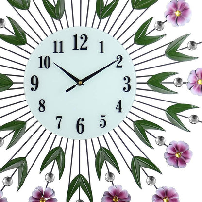 27" Purple Green And White Metal and Glass Silent Analog Floral Round Wall Clock-3