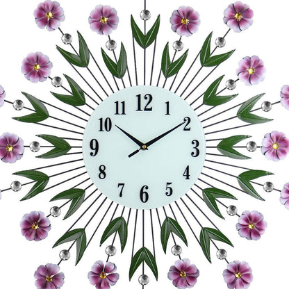 27" Purple Green And White Metal and Glass Silent Analog Floral Round Wall Clock-2
