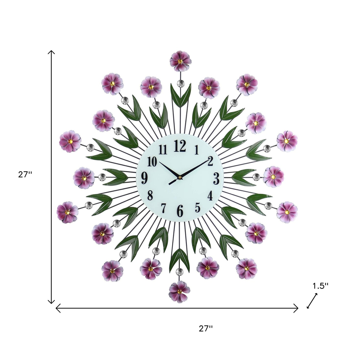 27" Purple Green And White Metal and Glass Silent Analog Floral Round Wall Clock-5