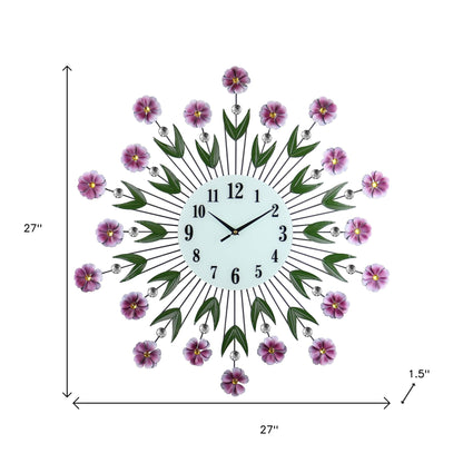 27" Purple Green And White Metal and Glass Silent Analog Floral Round Wall Clock-5