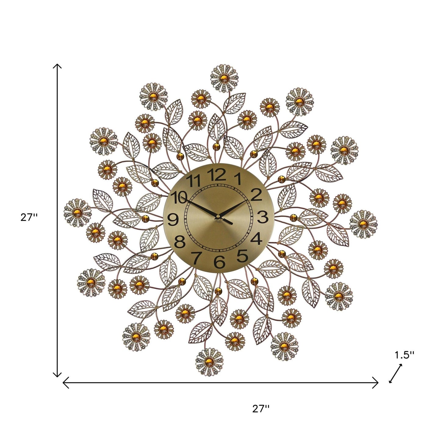 27" Gold And Black Metal And Faux Crystal Silent Analog FloralWall Clock-4