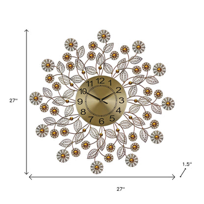 27" Gold And Black Metal And Faux Crystal Silent Analog FloralWall Clock-4