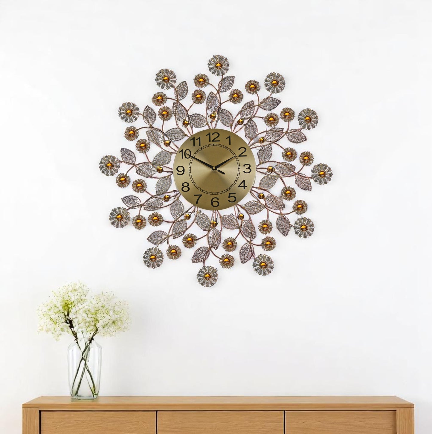 27" Gold And Black Metal And Faux Crystal Silent Analog FloralWall Clock-0