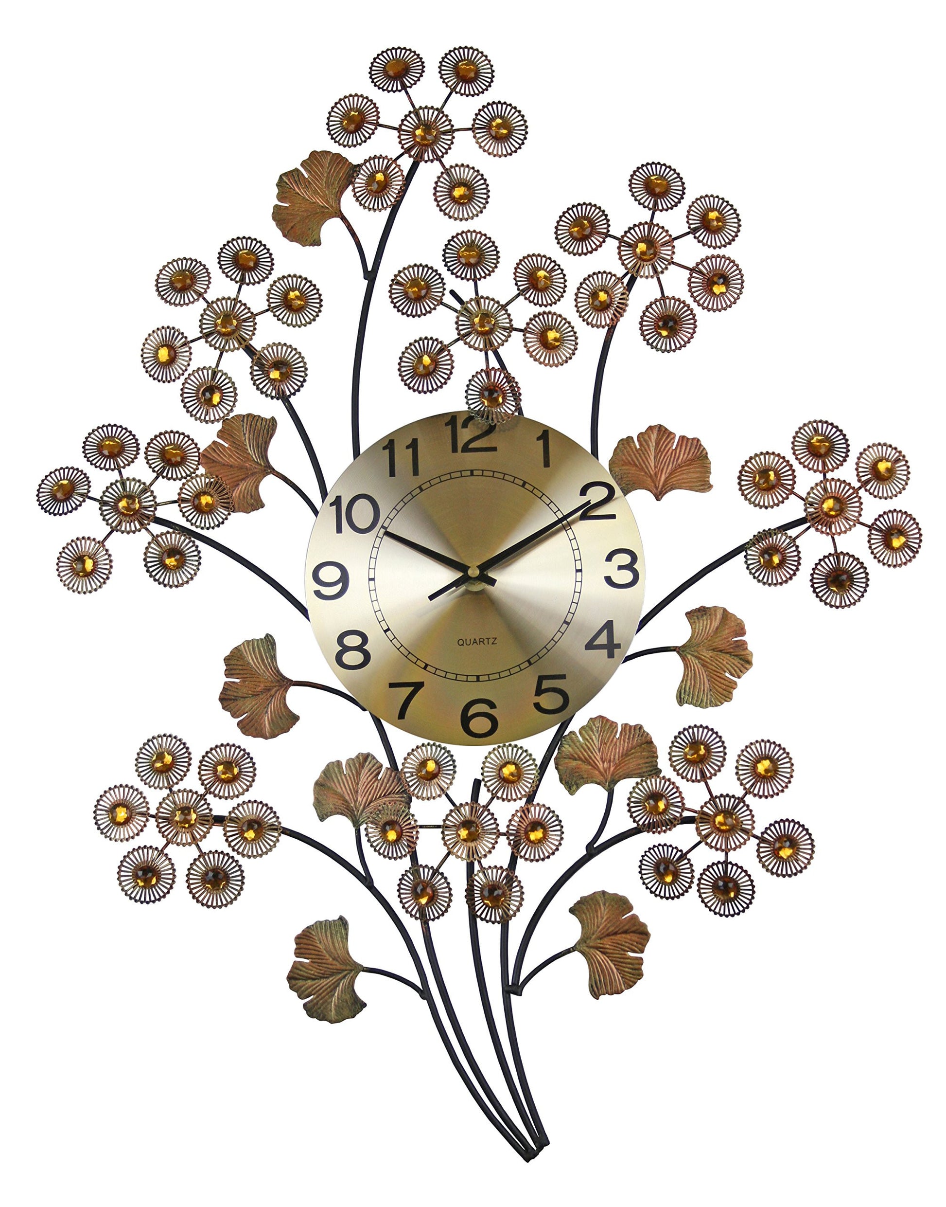 22" Copper Metal And Faux Crystal Silent Analog Gingko Floral Wall Clock-1