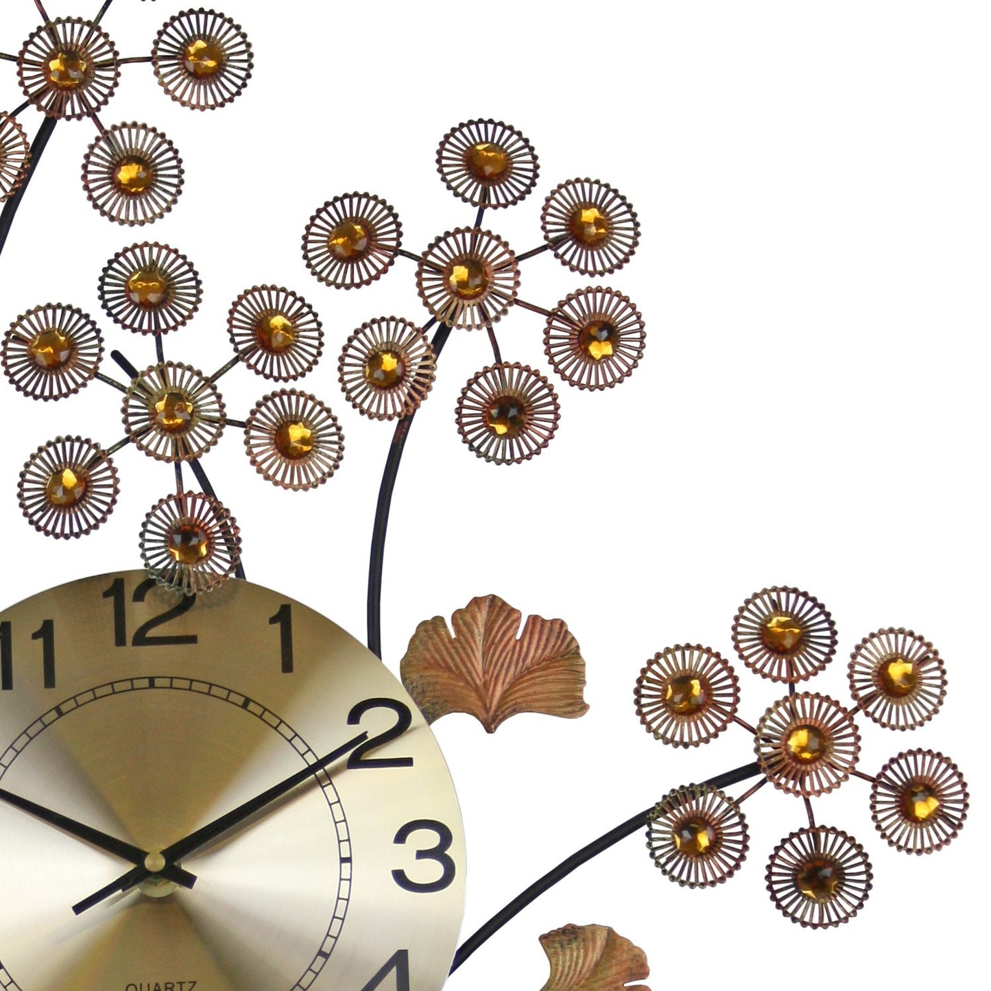 22" Copper Metal And Faux Crystal Silent Analog Gingko Floral Wall Clock-3