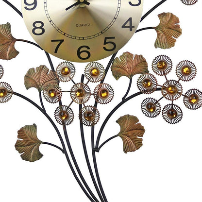 22" Copper Metal And Faux Crystal Silent Analog Gingko Floral Wall Clock-5