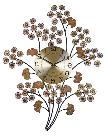 22" Copper Metal And Faux Crystal Silent Analog Gingko Floral Wall Clock-2