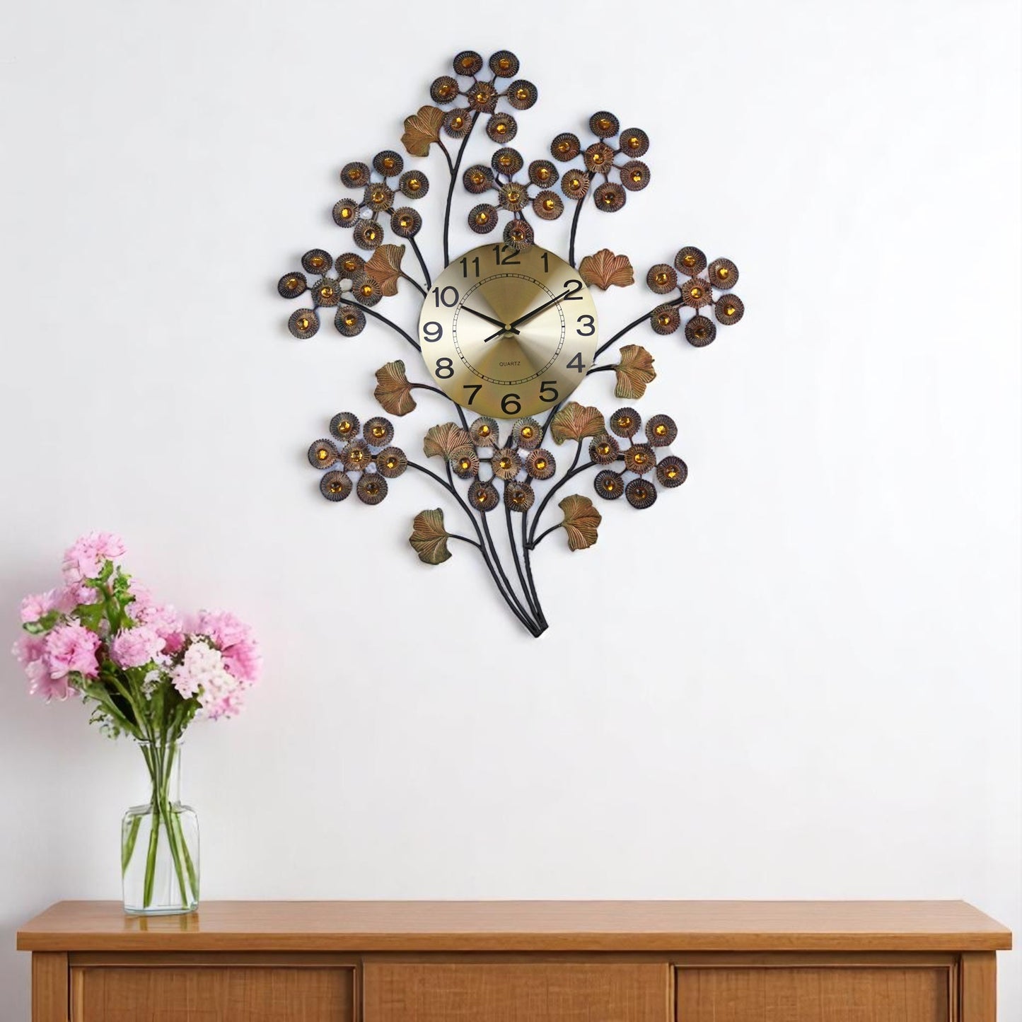22" Copper Metal And Faux Crystal Silent Analog Gingko Floral Wall Clock-0