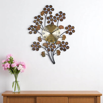 22" Copper Metal And Faux Crystal Silent Analog Gingko Floral Wall Clock-0