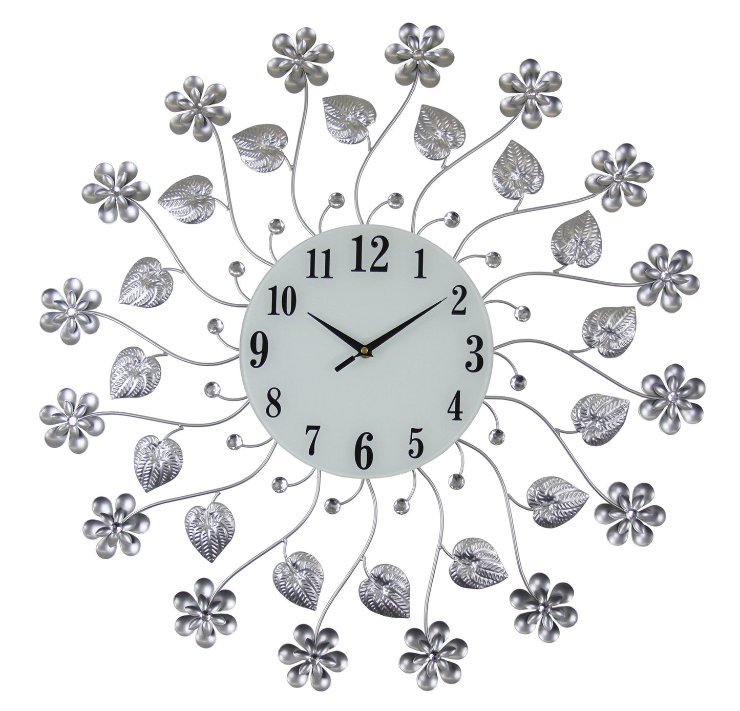 27" Silver White And Black Metal and Glass Silent Analog Floral Round Wall Clock-1