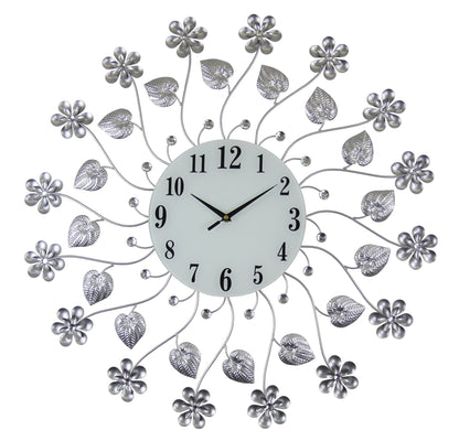 27" Silver White And Black Metal and Glass Silent Analog Floral Round Wall Clock-1