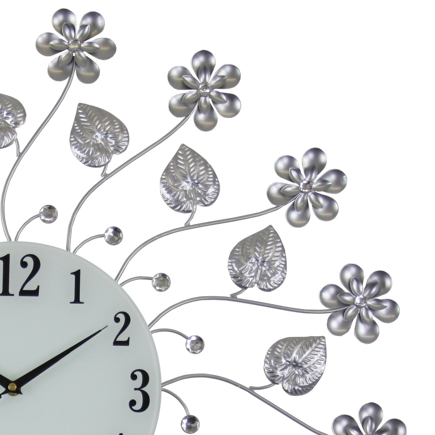 27" Silver White And Black Metal and Glass Silent Analog Floral Round Wall Clock-2