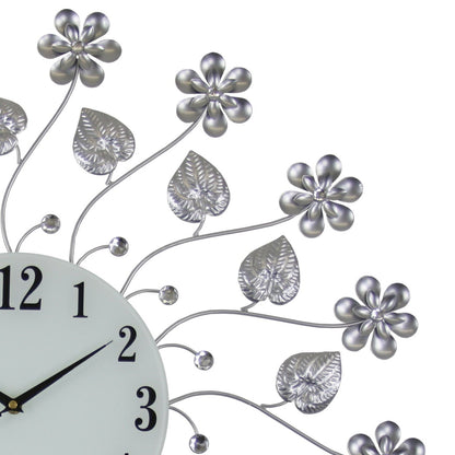 27" Silver White And Black Metal and Glass Silent Analog Floral Round Wall Clock-2