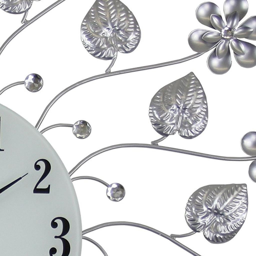 27" Silver White And Black Metal and Glass Silent Analog Floral Round Wall Clock-3