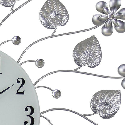 27" Silver White And Black Metal and Glass Silent Analog Floral Round Wall Clock-3