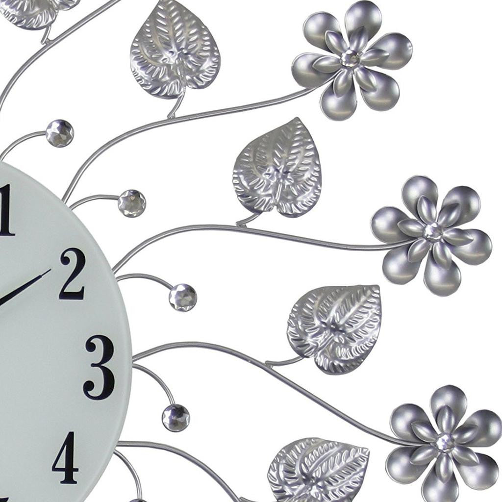 27" Silver White And Black Metal and Glass Silent Analog Floral Round Wall Clock-4