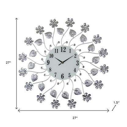 27" Silver White And Black Metal and Glass Silent Analog Floral Round Wall Clock-5
