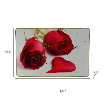 24" Red White And Gold Solid Wood and Acrylic Silent Roses Floral Wall Clock-5