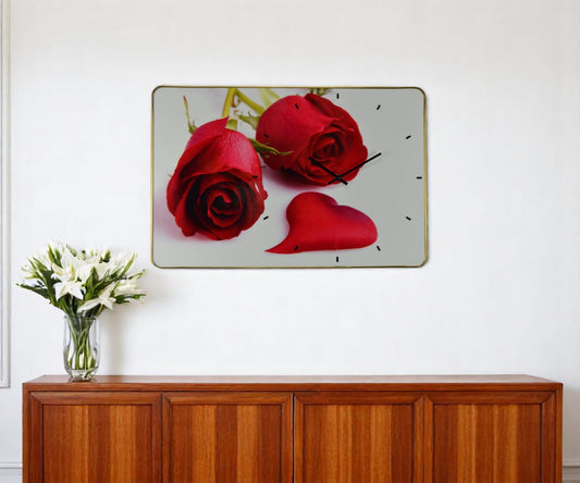 24" Red White And Gold Solid Wood and Acrylic Silent Roses Floral Wall Clock-0