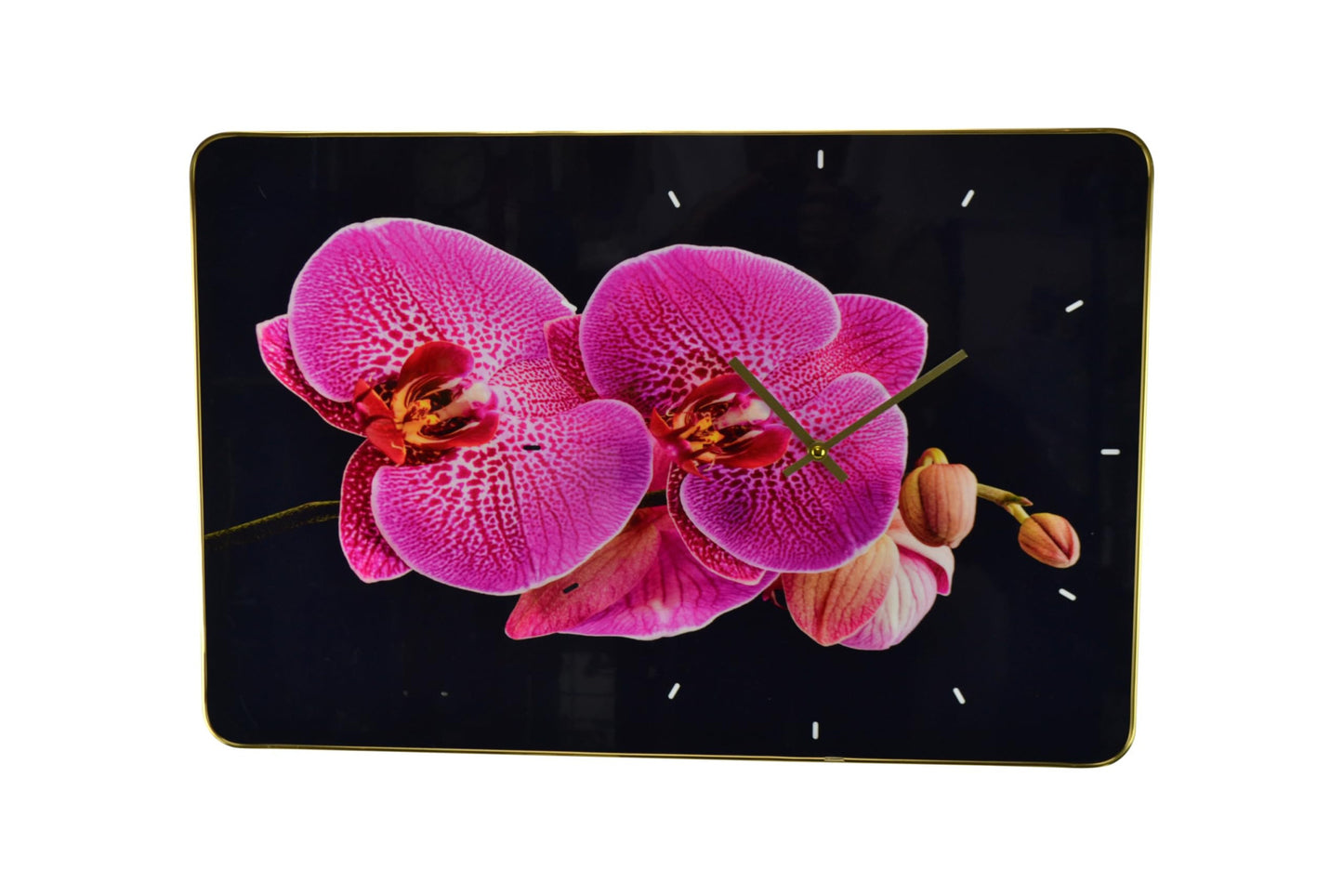 24" Pink Black And Gold Solid Wood and Acrylic Silent Orchids Floral Wall Clock-1