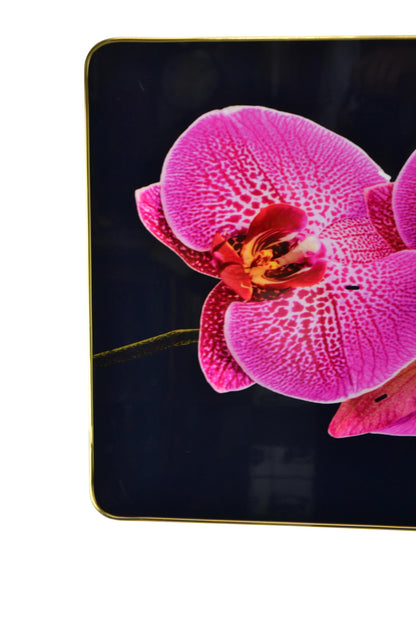 24" Pink Black And Gold Solid Wood and Acrylic Silent Orchids Floral Wall Clock-4