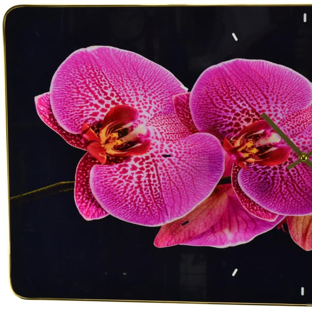 24" Pink Black And Gold Solid Wood and Acrylic Silent Orchids Floral Wall Clock-2
