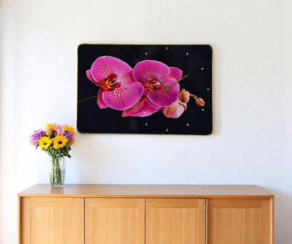 24" Pink Black And Gold Solid Wood and Acrylic Silent Orchids Floral Wall Clock-0