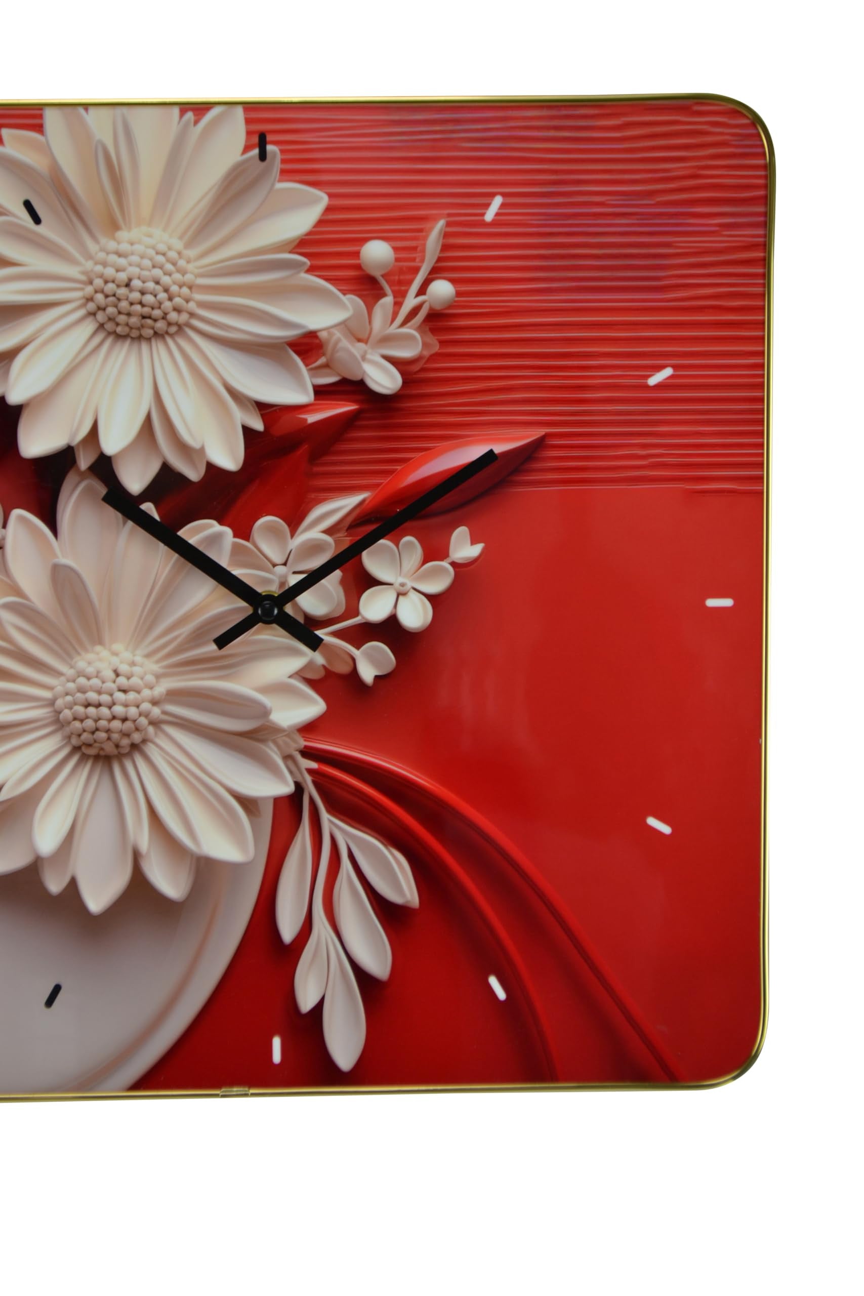 24" White Red And Black Solid Wood and Acrylic Silent Analog Floral Wall Clock-2