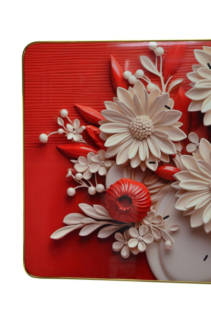 24" White Red And Black Solid Wood and Acrylic Silent Analog Floral Wall Clock-3