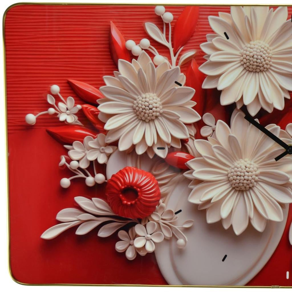 24" White Red And Black Solid Wood and Acrylic Silent Analog Floral Wall Clock-4