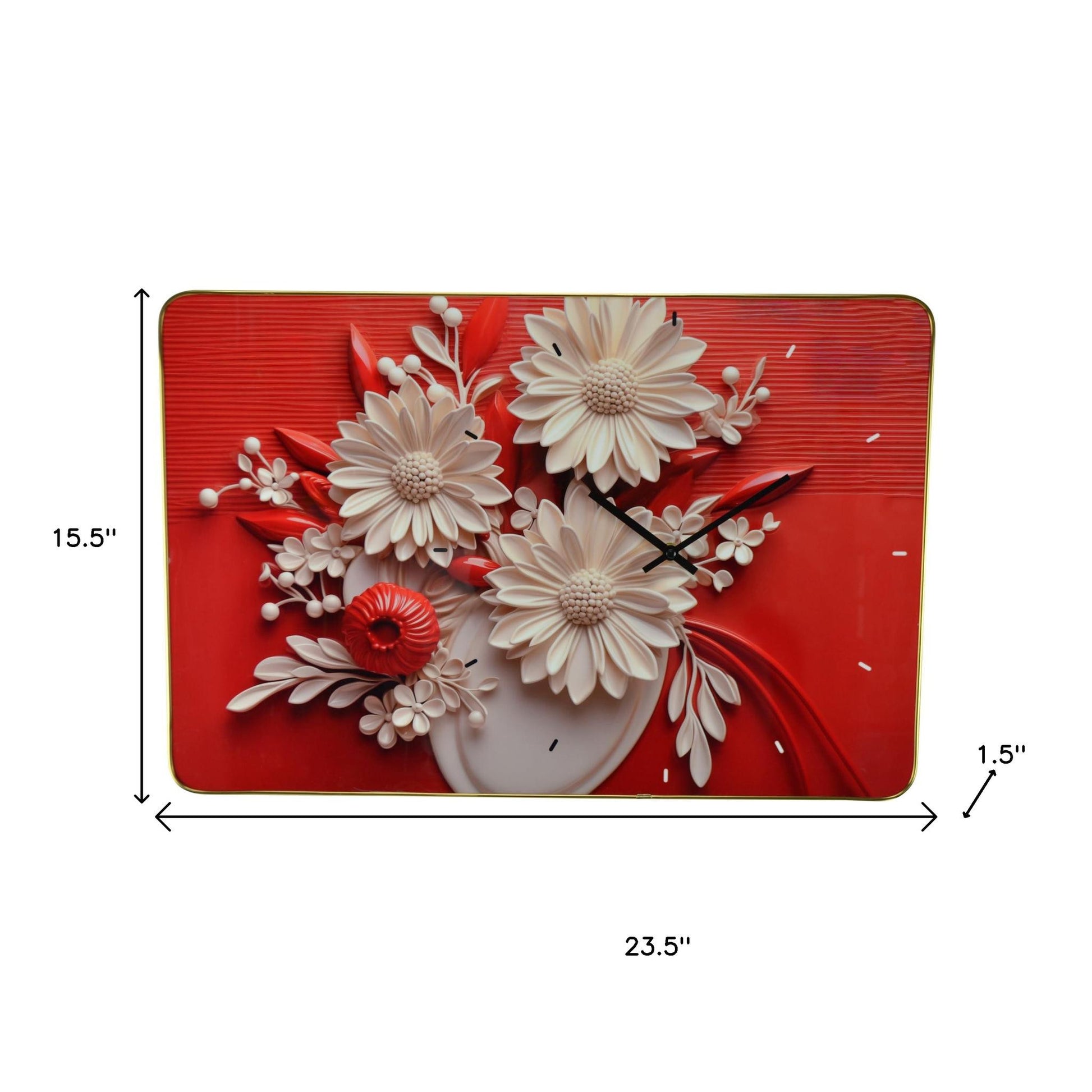 24" White Red And Black Solid Wood and Acrylic Silent Analog Floral Wall Clock-6
