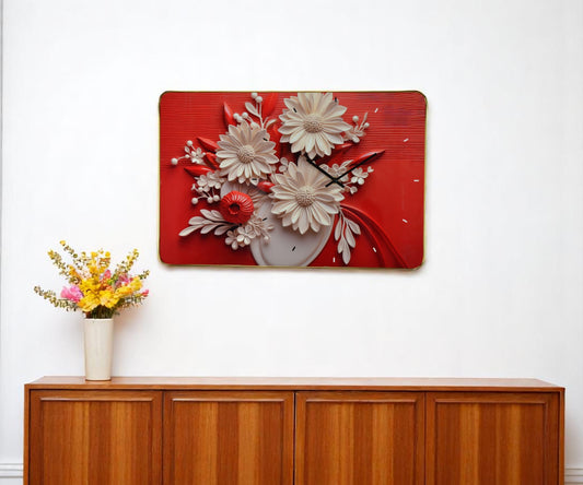 24" White Red And Black Solid Wood and Acrylic Silent Analog Floral Wall Clock-0