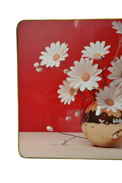 24" Gold Red And White Solid Wood and Acrylic Silent Daisies Floral Wall Clock-3