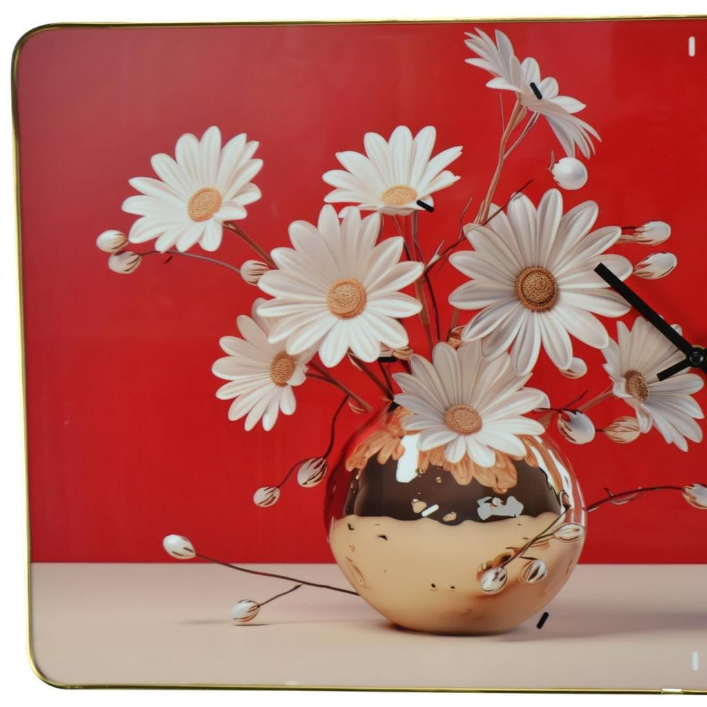 24" Gold Red And White Solid Wood and Acrylic Silent Daisies Floral Wall Clock-4
