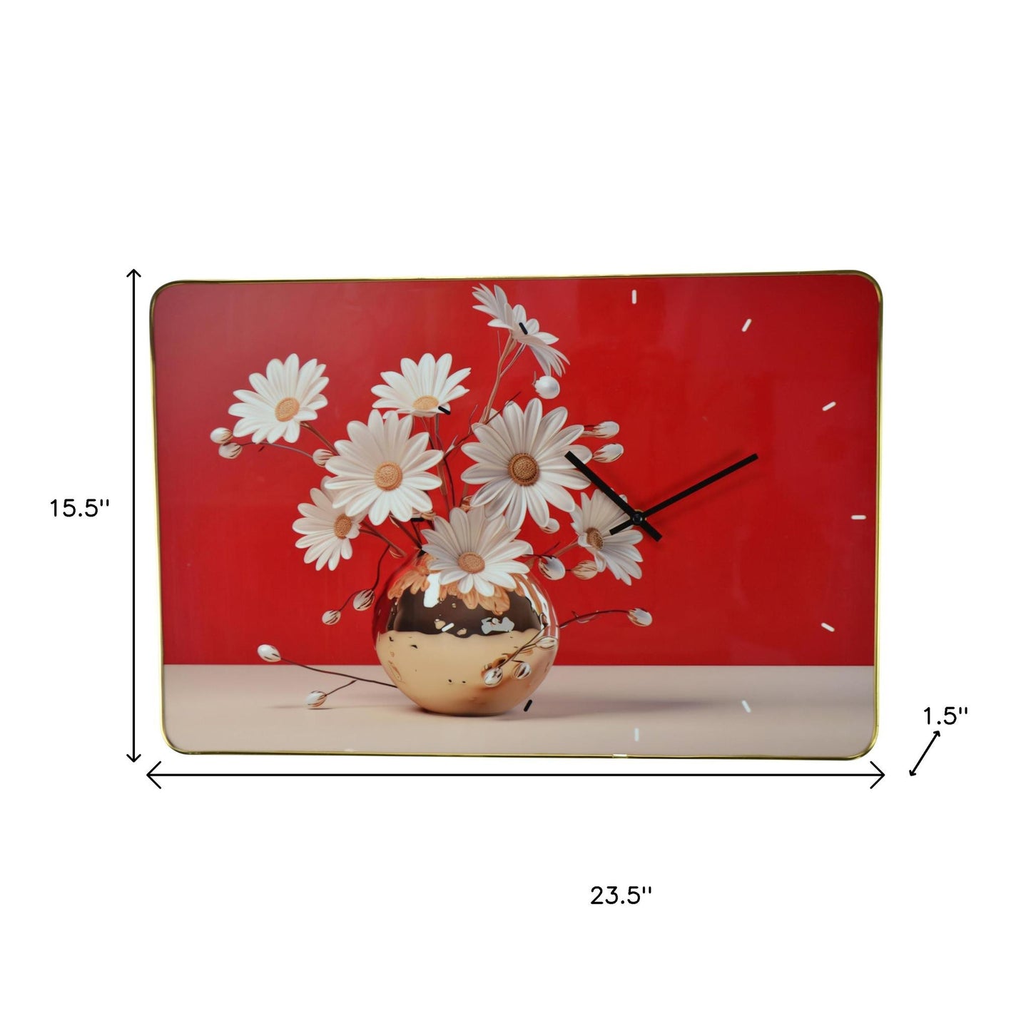 24" Gold Red And White Solid Wood and Acrylic Silent Daisies Floral Wall Clock-6