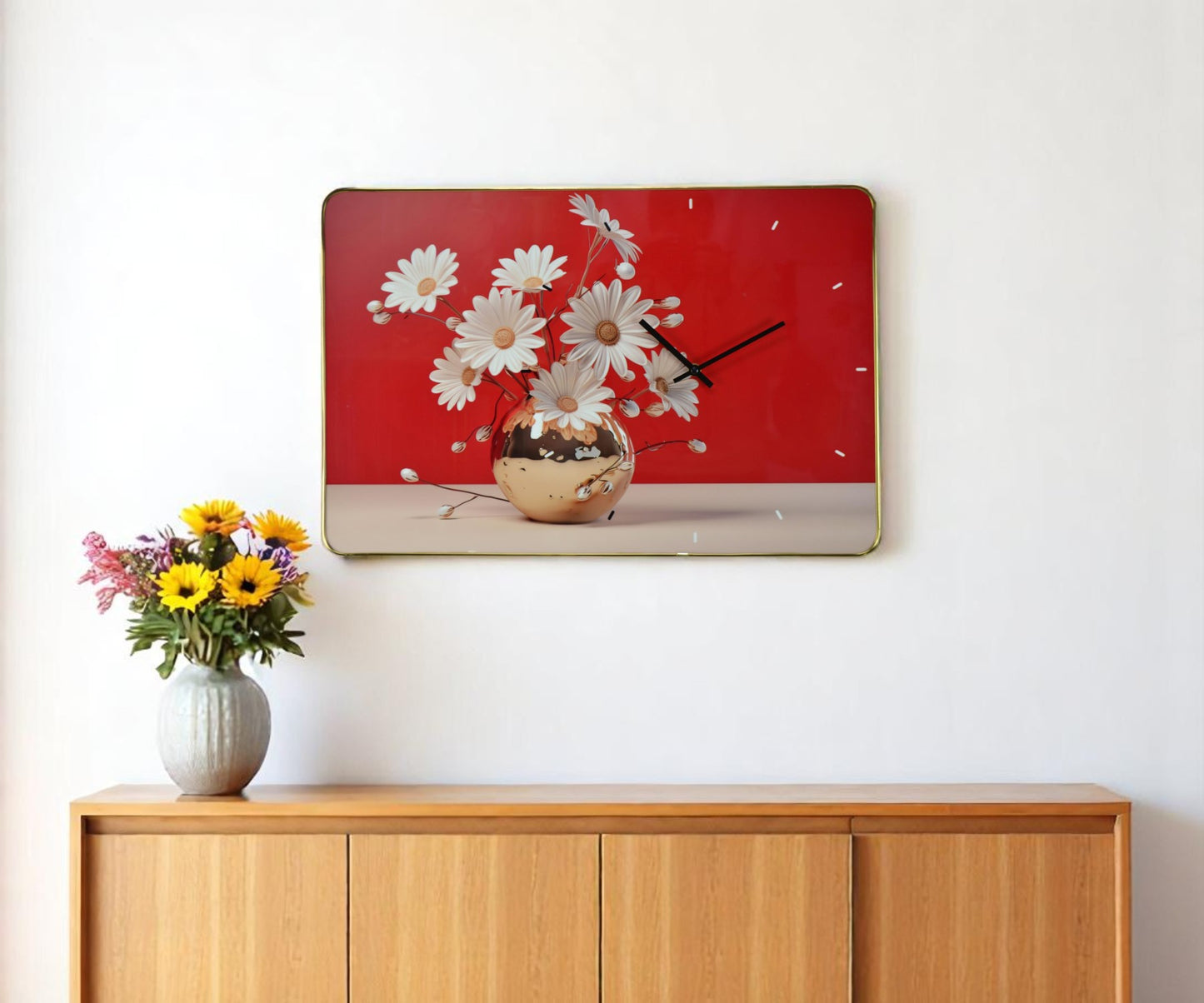 24" Gold Red And White Solid Wood and Acrylic Silent Daisies Floral Wall Clock-0