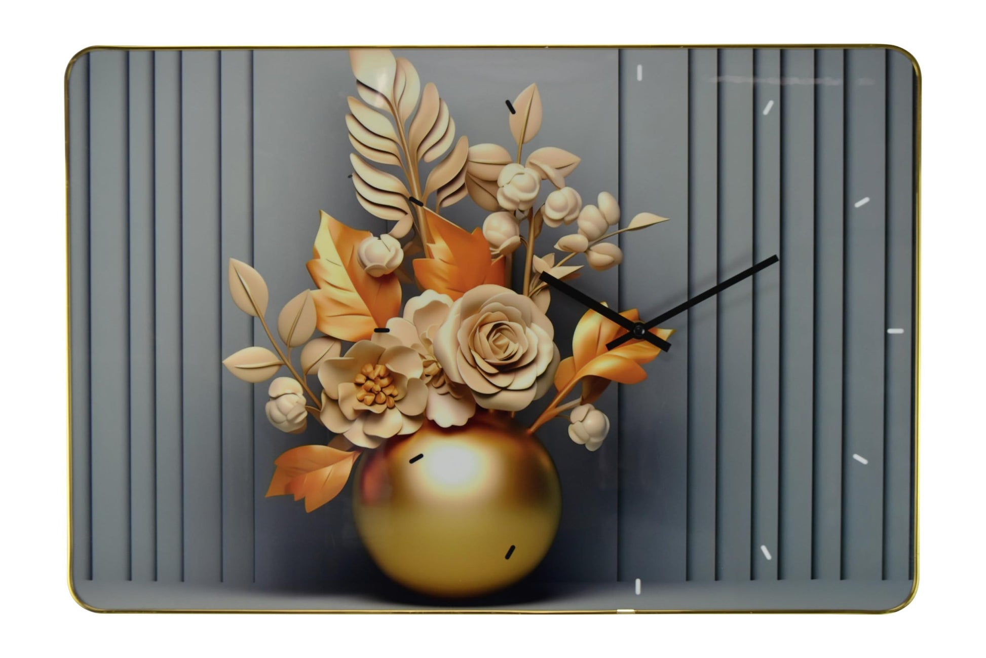 24" Beige Gold And Gray Solid Wood and Acrylic Silent Analog Floral Wall Clock-1