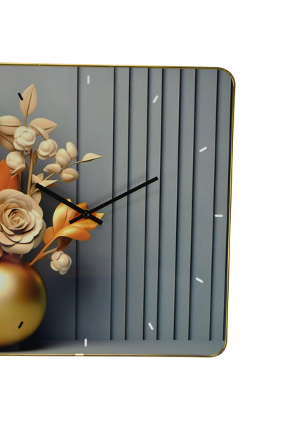 24" Beige Gold And Gray Solid Wood and Acrylic Silent Analog Floral Wall Clock-2