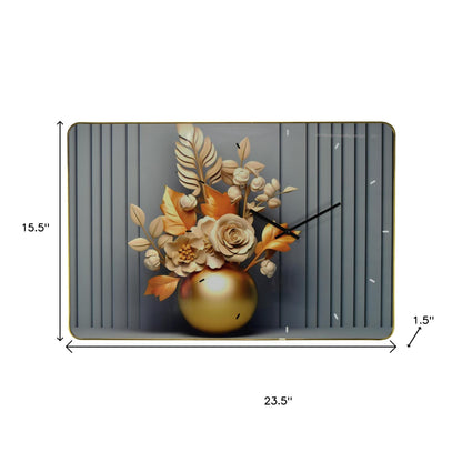 24" Beige Gold And Gray Solid Wood and Acrylic Silent Analog Floral Wall Clock-6
