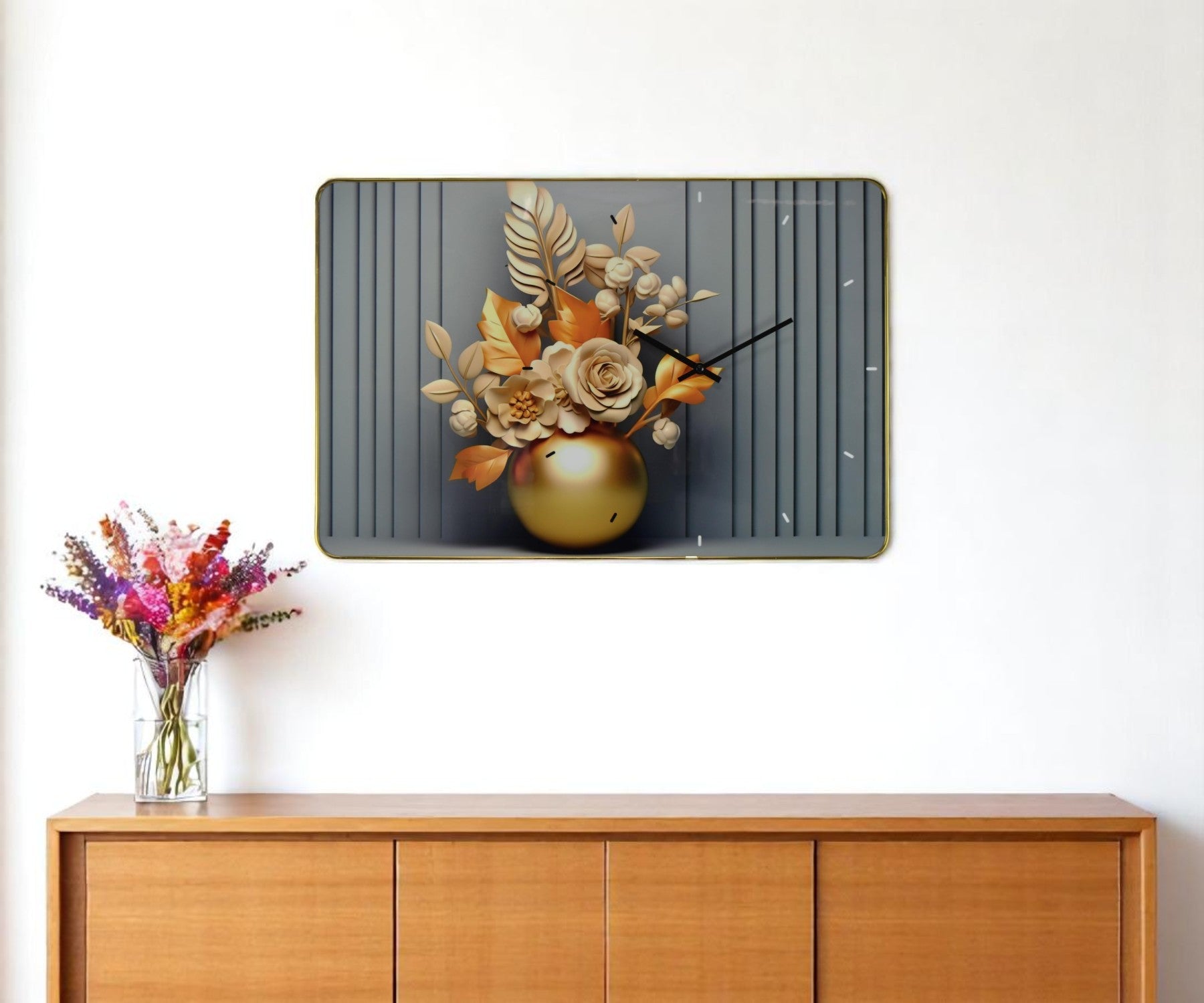 24" Beige Gold And Gray Solid Wood and Acrylic Silent Analog Floral Wall Clock-0