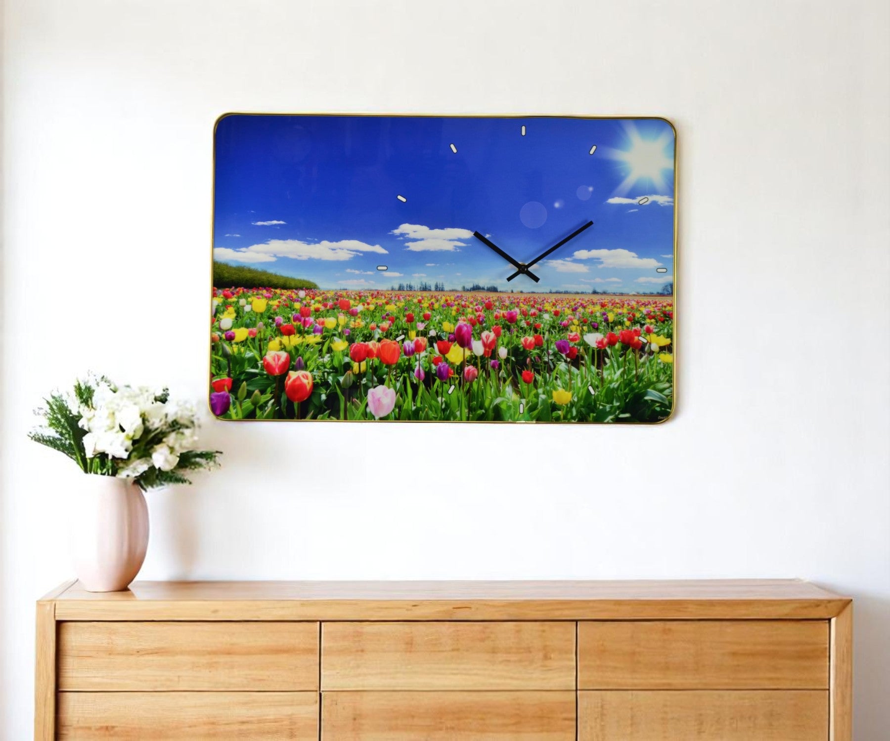 24" Blue Red And Gold Solid Wood and Acrylic Silent Tulips Floral Wall Clock-1