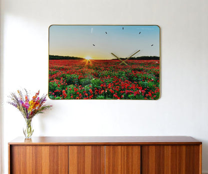 24" Red Blue And Gold Solid Wood and Acrylic Silent Poppies Floral Wall Clock-0