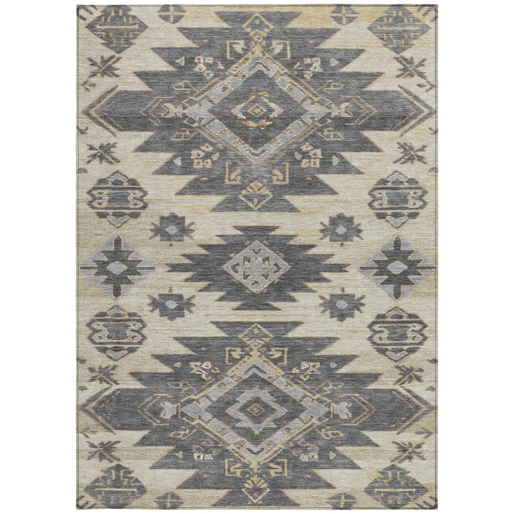 5' X 8' Beige And Gray Tribal Washable Indoor Outdoor Area Rug-3