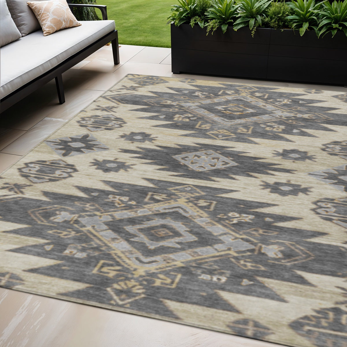 5' X 8' Beige And Gray Tribal Washable Indoor Outdoor Area Rug-1