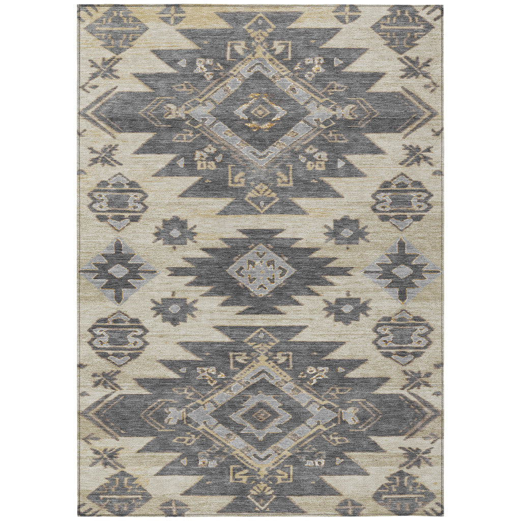5' X 8' Beige And Gray Tribal Washable Indoor Outdoor Area Rug-0