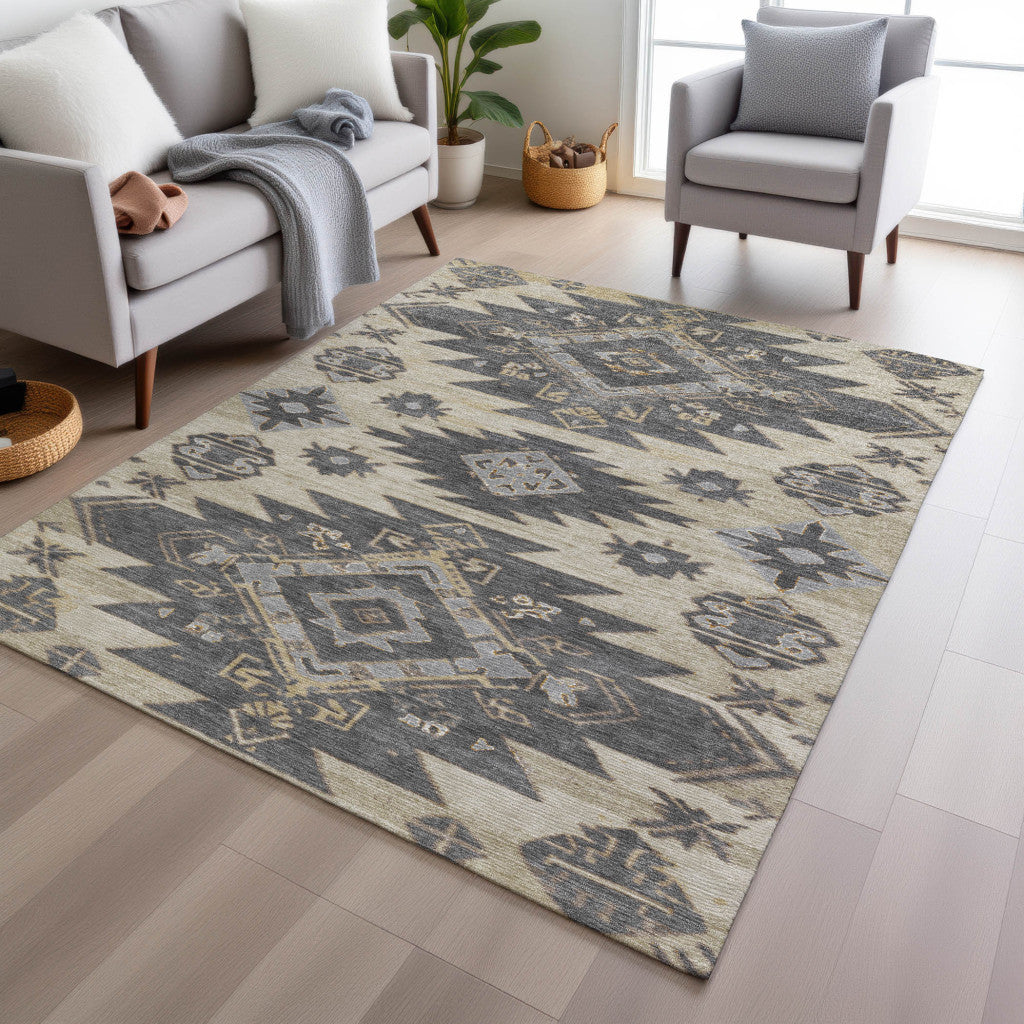 5' X 8' Beige And Gray Tribal Washable Indoor Outdoor Area Rug-6